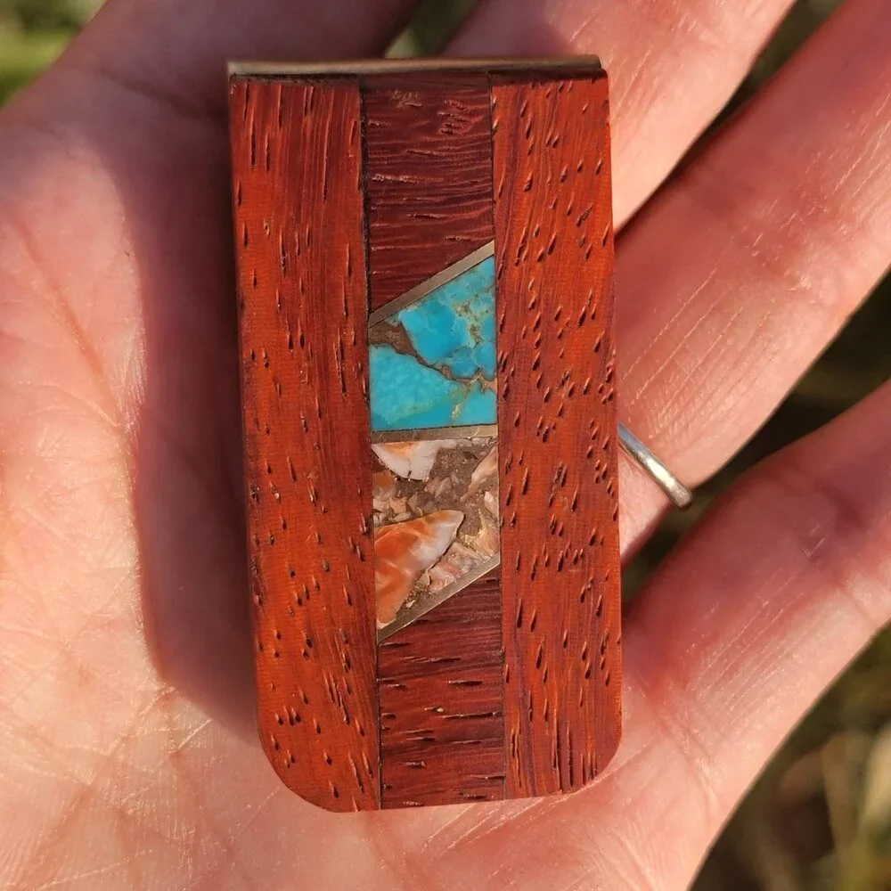 Handmade Southwestern copper turquoise, copper spiny oyster, rosewood money clip